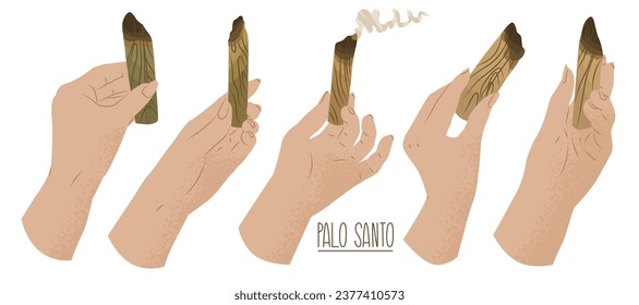 Holy sacred Palo Santo incense sticks. The practice of cleansing by burning incense. Maintaining life balance, replenishing energy. Vector illustration isolated on white background.