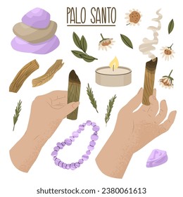 Holy sacred Palo Santo incense sticks. The practice of cleansing by burning incense. Maintaining life balance, replenishing energy. Vector illustration isolated on white background.