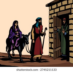 Holy saint jew virgin guest visitor ask stand animal east Israel inn hotel owner not let reject. Hand draw old Xmas come open rural street gate new eve say deny talk go away sky story retro art scene