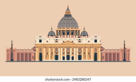 a holy scene unfolds in this flat vector illustration. St. Peter's Basilica, its dome reaching for the sky, takes center stage. Bold colors highlight its architectural details