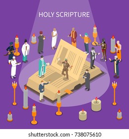 Holy scripture isometric composition with open book, people from world religions, candles on violet background vector illustration 