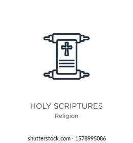 Holy scriptures icon. Thin linear holy scriptures outline icon isolated on white background from religion collection. Line vector sign, symbol for web and mobile