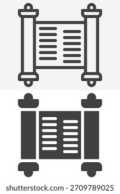 Heilige Schriften scrollen in Linien-, Umriss- und Volltonsymbolversionen. Bearbeitbares Strichvektorzeichen und -symbol. Diese Schrift-Ikone bietet zwei traditionelle heilige Stile.
