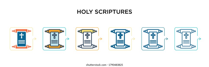Holy scriptures vector icon in 6 different modern styles. Black, two colored holy scriptures icons designed in filled, outline, line and stroke style. Vector illustration can be used for web, mobile,