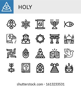 holy simple icons set. Contains such icons as God, Prayer, Star of david, Islam, Menorah, Christianity, Bible, Jesus, Crown of thorns, Shinto, can be used for web, mobile and logo