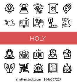 holy simple icons set. Contains such icons as Prayer, Dove, Heaven, Bible, Eye of ra, Islam, Communion, Nun, Mosque, Swastika, Jesus, Pope, can be used for web, mobile and logo