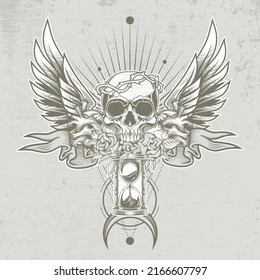 Holy skull. Vector illustration of double winged human skull with anatomical human hearts, traditional roses, sand watch and banner ribbon in engraving technique. Sacred geometry background.