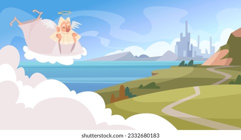 Holy sky. God or elderly angel sitting on cloud exact vector cartoon background