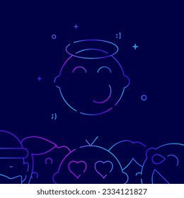 Holy smiley kid gradient line vector icon, simple illustration on a dark blue background, emoticons related bottom border.