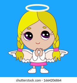 holy smiling chibi angel girl  with halo above its head & wings on its back & a smile, simple colored emoticon,  vector emoji in color