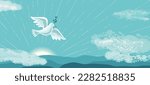 Holy Spirit Dove flies in blue sky vector background. Christian symbol of peace, love, hope religion illustration. Easter Sunday, Pentecost holiday. God Holy Spirit, Trinity church banner template