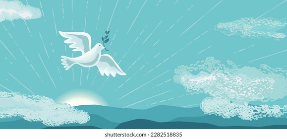 Holy Spirit Dove flies in blue sky vector background. Christian symbol of peace, love, hope religion illustration. Easter Sunday, Pentecost holiday. God Holy Spirit, Trinity church banner template