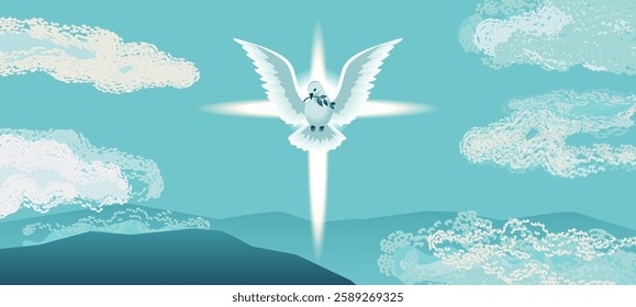 Holy Spirit Dove flies in blue sky religion holiday vector illustration. Sacrament biblical church cross symbol. Easter Sunday Christian event, Pentecost, Trinity church banner template background