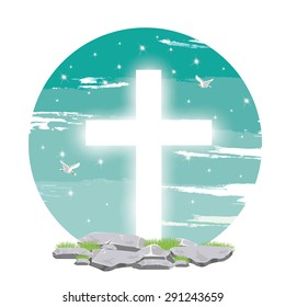Holy spirit dove flies in blue sky,light  from heaven, Christian symbol