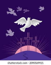 Holy Spirit Dove flight vector poster concept. Christian holiday Pentecost Trinity Sunday concept. Church sacrament hope belief symbol. Biblical flying spiritual dove religion greeting illustration