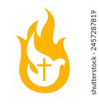 Holy Spirit dove logo. Pentecost Sunday banner with dove in flame and cross symbol. Vector illustration