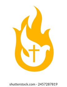 Holy Spirit dove logo. Pentecost Sunday banner with dove in flame and cross symbol. Vector illustration