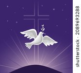 Holy Spirit Dove with olive branch vector poster. Christian holiday Pentecost Trinity Sunday concept. Church sacrament hope belief symbol. Biblical flying spiritual dove religion greeting illustration