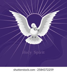 Holy Spirit Dove with olive branch vector poster. Christian holiday Pentecost Trinity Sunday concept. Church sacrament hope belief symbol. Biblical flying spiritual dove religion greeting illustration