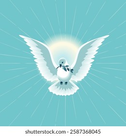 Holy Spirit Dove with olive branch vector poster. Christian holiday Pentecost Trinity Sunday concept. Church sacrament hope belief symbol. Biblical flying spiritual dove religion greeting illustration