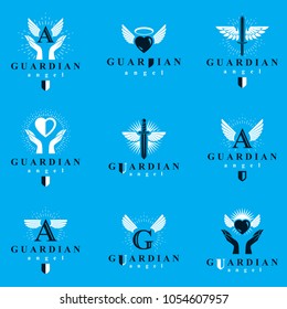 Holy spirit graphic vector logotypes collection, can be used in charity and catechesis organizations. Vector emblems created using battle swords, loving hearts and guardian shields.