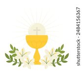 Holy spirit hand drawn background vector. Religious drawing of golden chalice, lily, dove. First holy communion illustration for Good Friday, Holy Week, Easter, cover, poster.