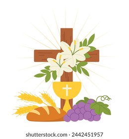 Holy spirit hand drawn background vector. Religious drawing of wooden cross, gold chalice and bread, grape, wheat, lily. First communion illustration for Good Friday, Holy Week, Easter, cover, poster.