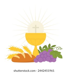 Holy spirit hand drawn background vector. Religious drawing of golden chalice and bread, grape, wheat, lily. First holy communion illustration for Good Friday, Holy Week, Easter, cover, poster.