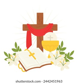 Holy spirit hand drawn background vector. Religious drawing of wooden cross, gold chalice, bible, lily flower, leaf. First communion illustration for Good Friday, Holy Week, Easter, cover, poster.