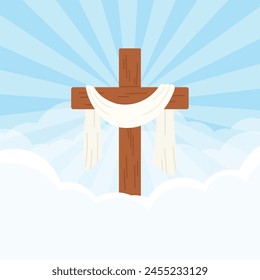 Holy spirit hand drawn background vector. Religious Christian drawing of Wooden cross, sky, cloud . Happy Ascension Day illustration for Good Friday, Holy Week, Easter, cover, poster.