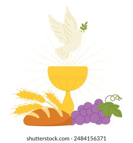 Holy spirit hand drawn background vector. Religious drawing of golden chalice and bread, grape, wheat, lily, dove. First holy communion illustration for Good Friday, Holy Week, Easter, cover, poster.