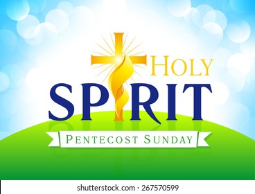 Holy Spirit Pentecost Sunday vector greetings. Invite or greeting card. Fiery flaming shining glowing crucifix gold colored in morning sunrise. Christian religious flier. Trinity holiday celebrating.