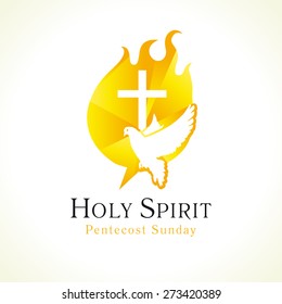 Holy Spirit Pentecost Sunday vector greetings. Fiery flaming shining glowing sign gold colored, white flying dove in sky. Christian religious invite. Celebrating and peace symbol. Church logo.