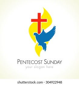 Holy Spirit Pentecost Sunday vector greetings. Fiery yellow or gold colored flames, blue flying dove, red crucifix. Christian religious invite flyer. Trinity holiday celebrating peace flaming symbol.