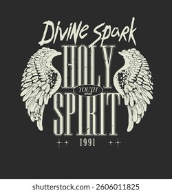 holy spirit slogan with angel's wings on black background vector illustration hand drawn without AI in the process