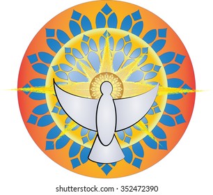 Holy Spirit symbol, dove with gothic rosette halo and light rays