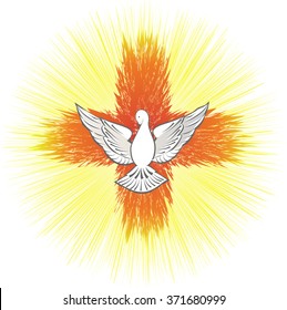 Holy Spirit symbol dove with halo and  rays of light and fire, symbols of the gifts of the Holy Spirit. Abstract vector illustration