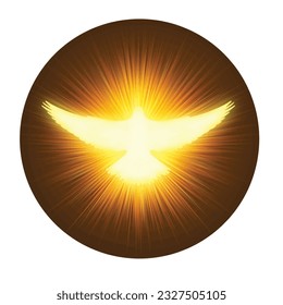 Holy Spirit symbol - a white dove, with halo of light flame fire rays and Holy Trinity symbol