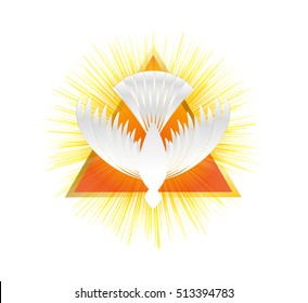 Holy Spirit Symbol - A White Dove, With Halo Of Light Flame Fire Rays And Holy Trinity Symbol - A Triangle