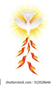 Holy Spirit symbol - a white dove, with halo of light rays and seven rays of fire symbolizing sevenfold gifts of the Holy Spirit.