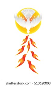 Holy Spirit symbol - a white dove, with halo of light rays and seven rays of fire symbolizing sevenfold gifts of the Holy Spirit.