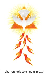 Holy Spirit symbol - a white dove, with halo of light rays and seven rays of fire symbolizing sevenfold gifts of the Holy Spirit.