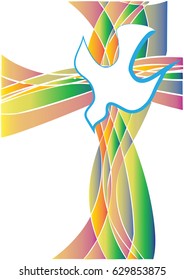 Holy Spirit symbol - a white dove with a cross made of colorful rays in church stained glass window style