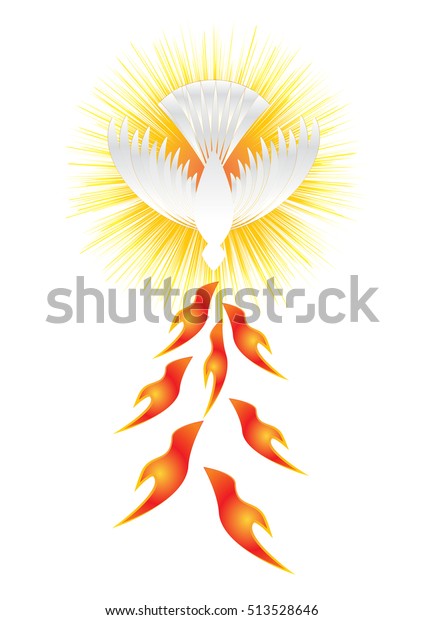 Heiliger Geist Symbol Eine Weisse Taube Mit Halo Lichtstrahlen Und Sieben Strahlen Feuer Symbolisiert Siebenkundliche Geschenke