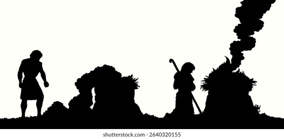 Holy story jew male priest envy anger regret burn law goat gift white sky cloud view scene. Hand drawn line carton art retro faith divin Pagan event tribal sin cult stone rock temple feast icon symbol