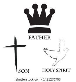 Holy Trinity Sunday, Crown for the Father, Cross for the Son Jesus Christ and Holy Spirit as a dove, typography for print or use as poster, card, flyer or banner