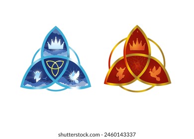 Holy Trinity Symbols Isolated on white background. Religious icons inside a metallic triquetra. The Crown, silhouette of Jesus Christ in Heaven, the Holy Spirit Dove. Blue and red and gold version. 