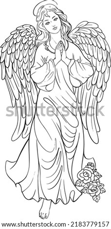 Holy virgin with angel wings adults coloring book hand vector