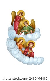 Holy Virgin Mary and Archangels Christian illustration in Byzantine style 