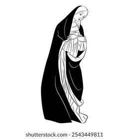 Holy Virgin Mary. Christian saint lady. Pious medieval woman. Black and white silhouette.